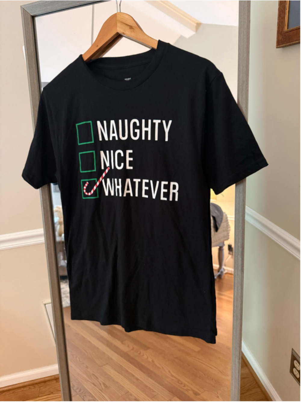 Women's Holiday Time Graphic Tee Size S Black White Naughty Nice Whatever